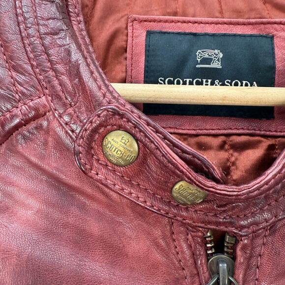 Scotch & Soda Large Vintage Motorcycle Goat Leather Jacket Maroon - Picture 5 of 12